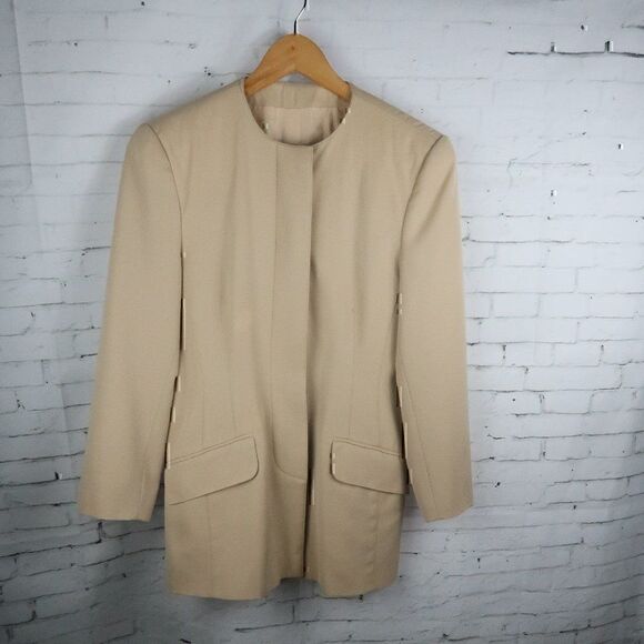 MONDI TAN KHAKI HIDDEN BUTTON DOWN SUIT JACKET BLAZER WOMENS EU SIZE 34 VINTAGE - Picture 1 of 10